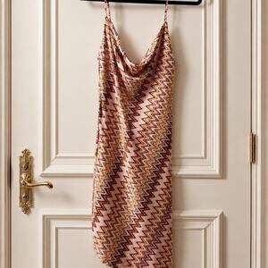Forever 21 Y2K Satin Cowl Neck Asymmetrical Zigzag Chevron Slip Dress Pink L